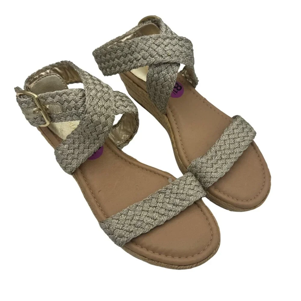 Arturo Chiang Beige Gold Woven Strap Espadrille Wedge Sandals Size 8.5